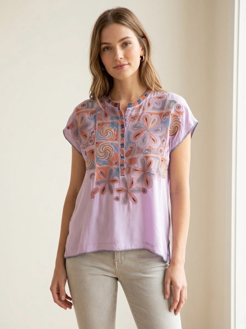 Johnny Was Biya Silk Embroidered Boho Blouse Lavender Purple Floral Henley L